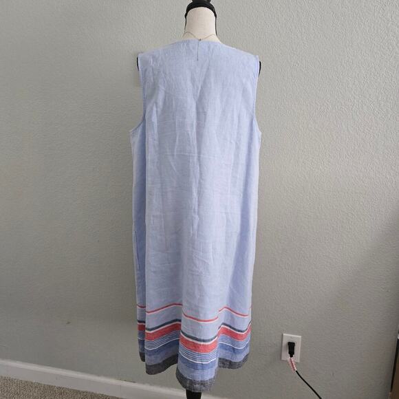 J. Jill Love Linen A-Line Dress Size L Powder Blue Coastal V-Neck Striped Hem - Picture 6 of 10